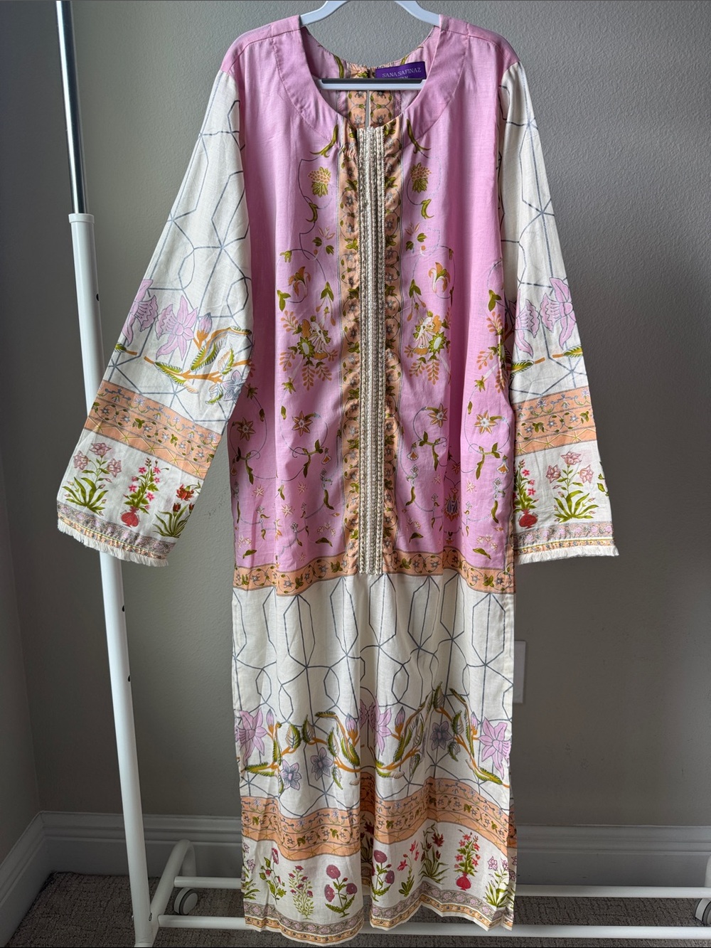 Pakistani/ Indian Embroidered Pink & Cream Long Floral kurta ( lawn)